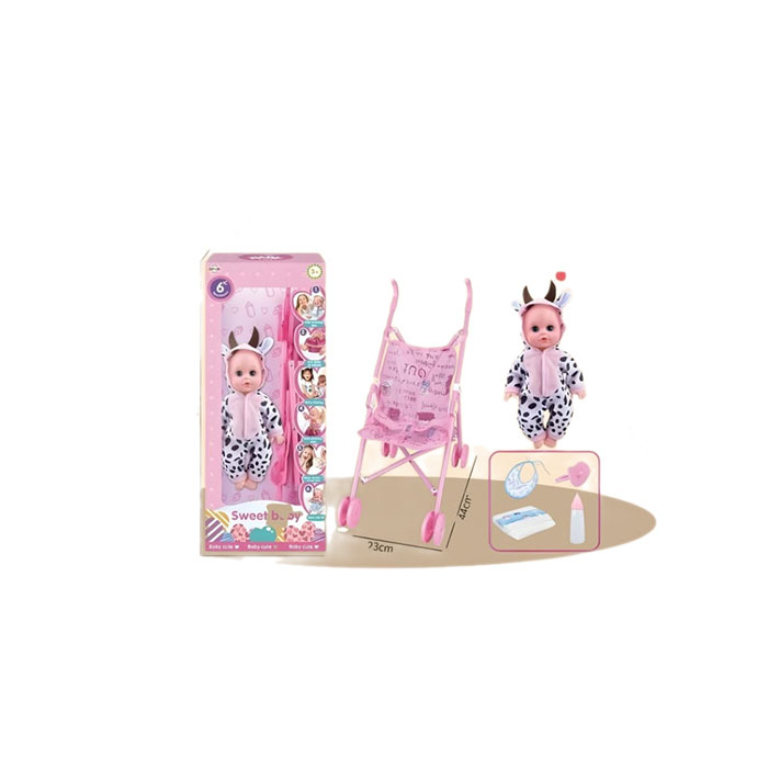 دمية الطفل الحلوة مع عربة الأطفال