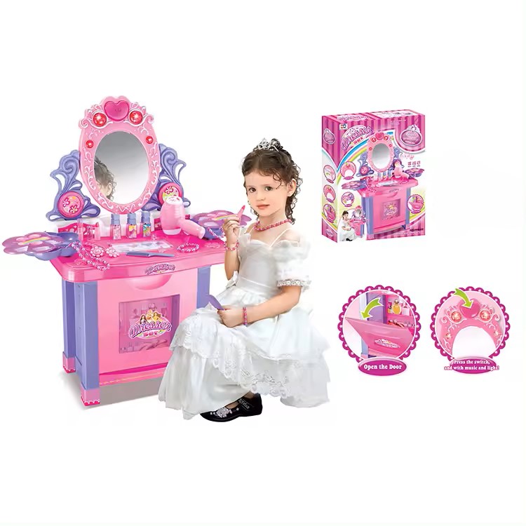 Table & Stool Pretend Playset Dressing Table Set with Mirror Light Sound Working Hair Dryer Makeup Accessories for Toddlers Girls