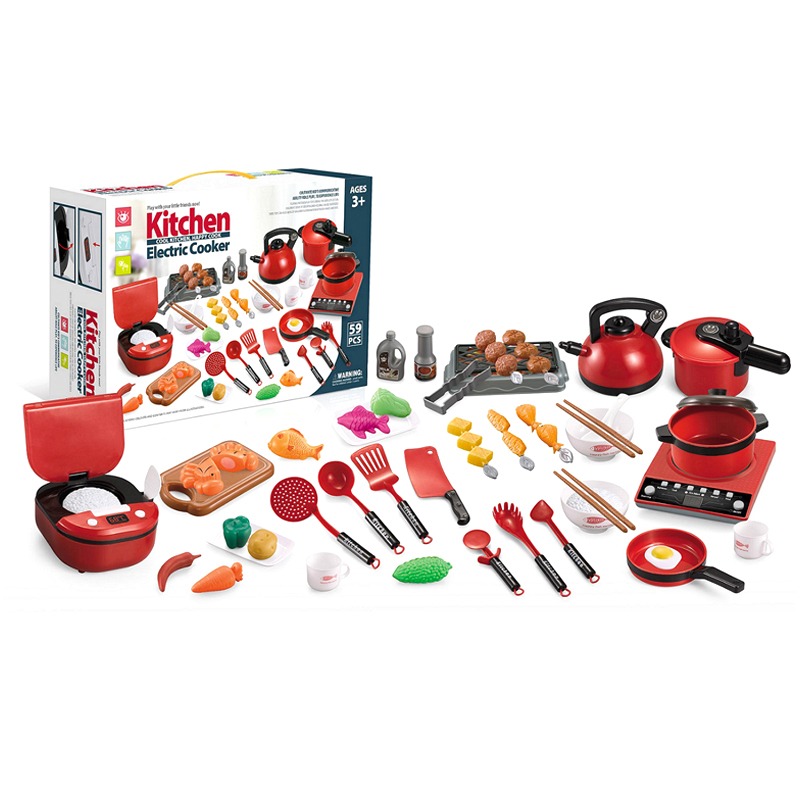 مجموعة المطبخ مع الموسيقى والضوء 59 قطعة - لون أحمر