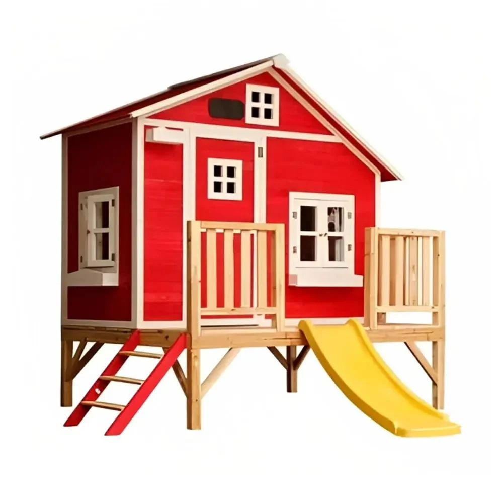 بيت خشب كبير للأطفال مع زحلاقية وسلم خارجي للحدائق