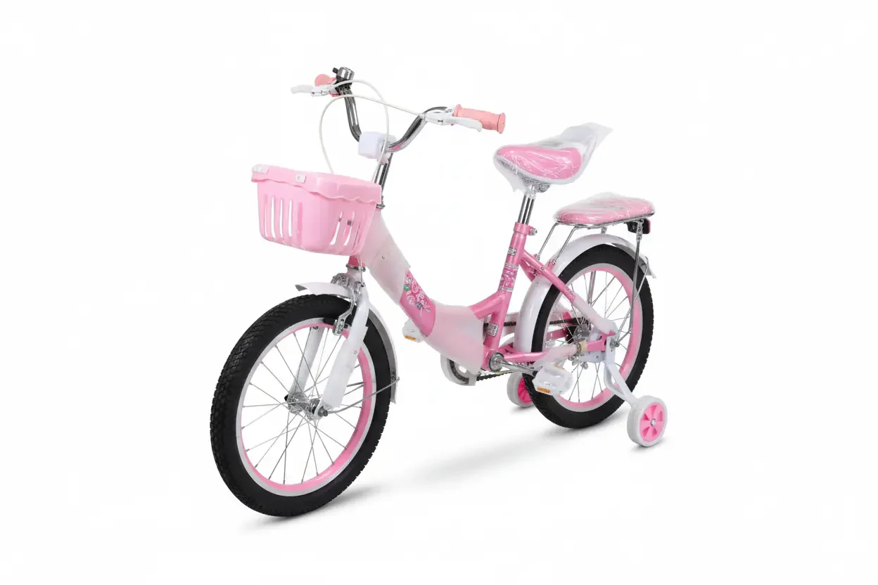 دراجة هوائية مقاس 14 بتصميم أنثوي أنيق ولون وردي أو بنفسجي مع سلة أمامية ومقعد خلفي