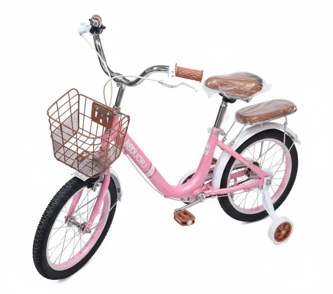 دراجة هوائية حجم 16 بتصميم أنيق ولون وردي أو بنفسجي مع سلة أمامية ومقعد خلفي
