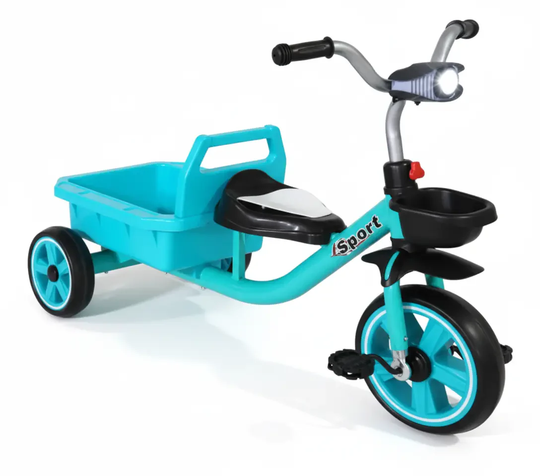 دراجة ثلاثية العجلات مع مصباح أمامي مع سلة خلفية للأطفال بتصميم رياضي | متوفر باللون ( الأحمر ، الأزرق )