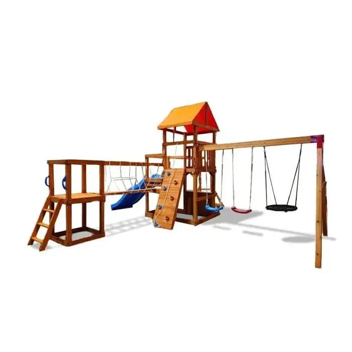 طقم ألعاب خشبي Bridgeport مع أرجوحات وجدار تسلق للأطفال