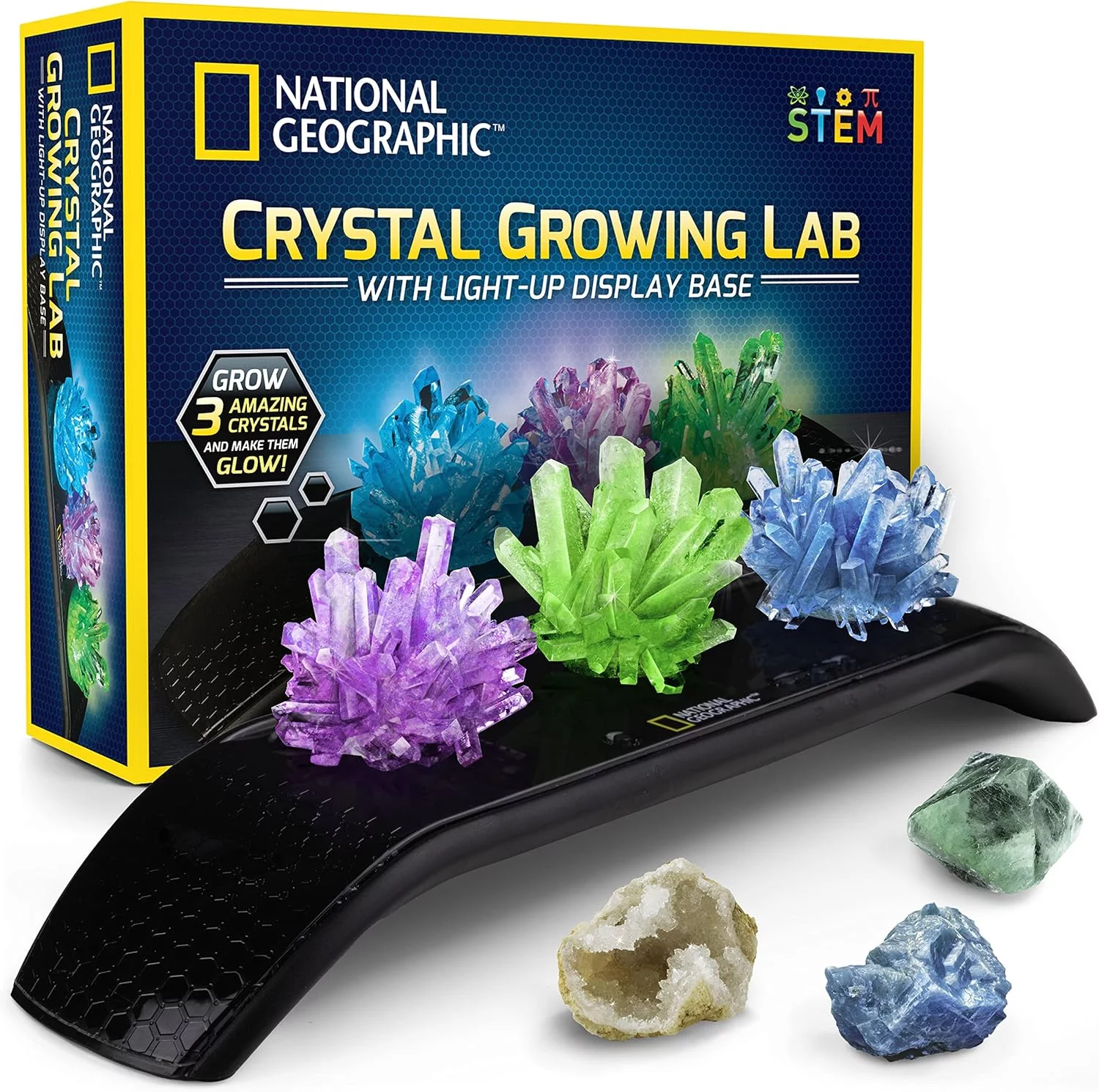 National Geographic Crystal Growing Kit - 3 Vibrant Colored Crystals To Grow With Light-Up Display Stand