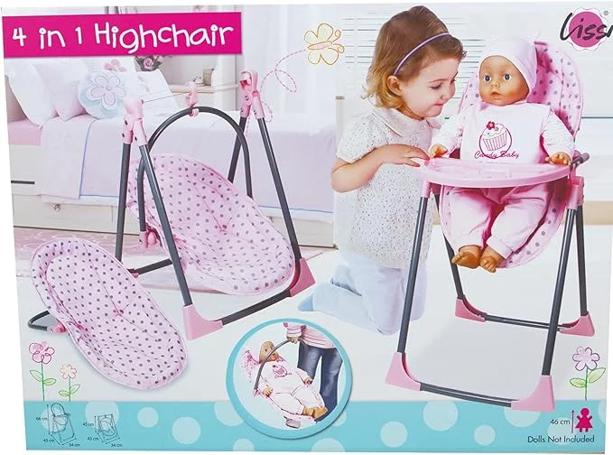Lissi - Doll Accessory Set 4 in 1 High Chair Rocker and Swing