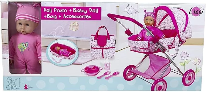 Lissi - Deluxe Doll Pram With 33CM Baby Doll - Diaper Bag & Accessories Included