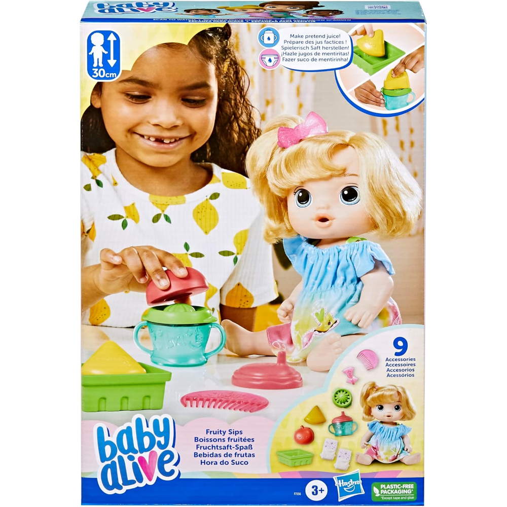 Baby Alive Fruity Sips Doll, Apple, Toys for 3 Year Old Girls, 12-inch Baby Doll Set, Drinks & Wets, Pretend Juicer, Kids 3 and Up, Blonde Hair