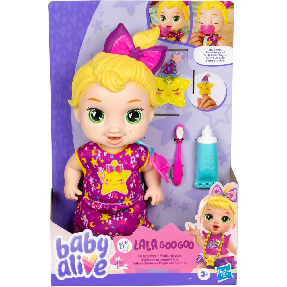 Baby Alive Lil Dreamer La La Goo Goo Sleepy Baby Doll Set, Blonde Hair, Fun Sleepover Theme, Preschool Toys for Girls & Boys 3 Years & Up