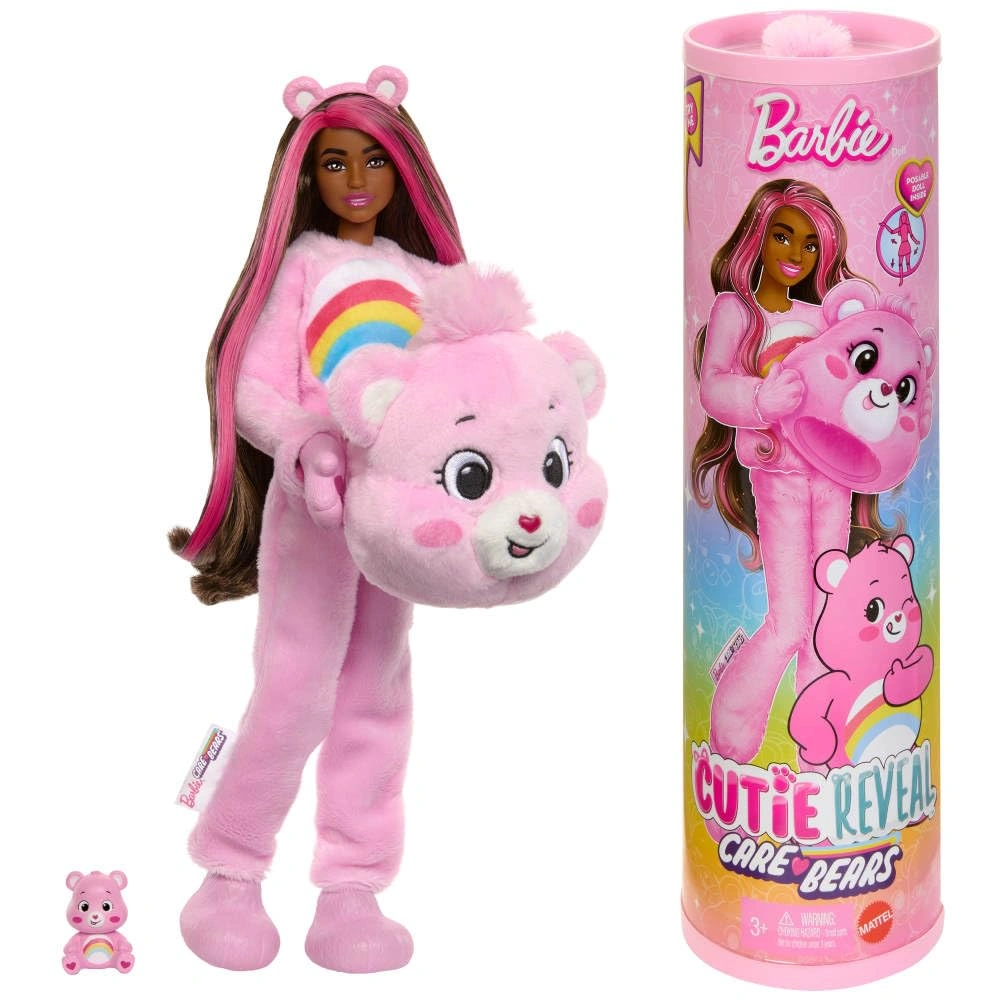 Barbie – Cutie Reveal Care Bears Series Doll with Cheer Bear Costume, 10 Colour Changing Surprise Accessories Including a Mini Bear Included, Toy for Children, 3+ Years, JCN95