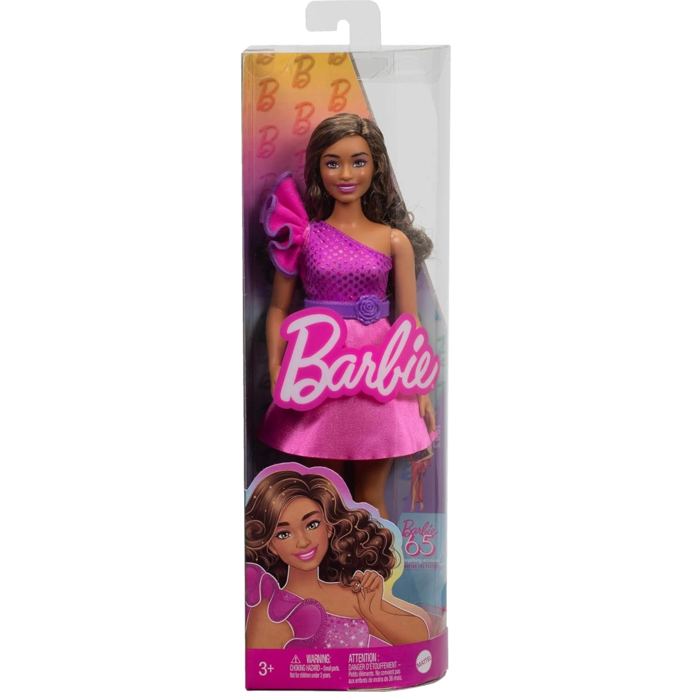 Barbie Fashionistas Doll 225, Curvy Body Type with Brown Hair, Pink Sparkly Dress & Accessories, 65th Anniversary Collectible Fashion Doll