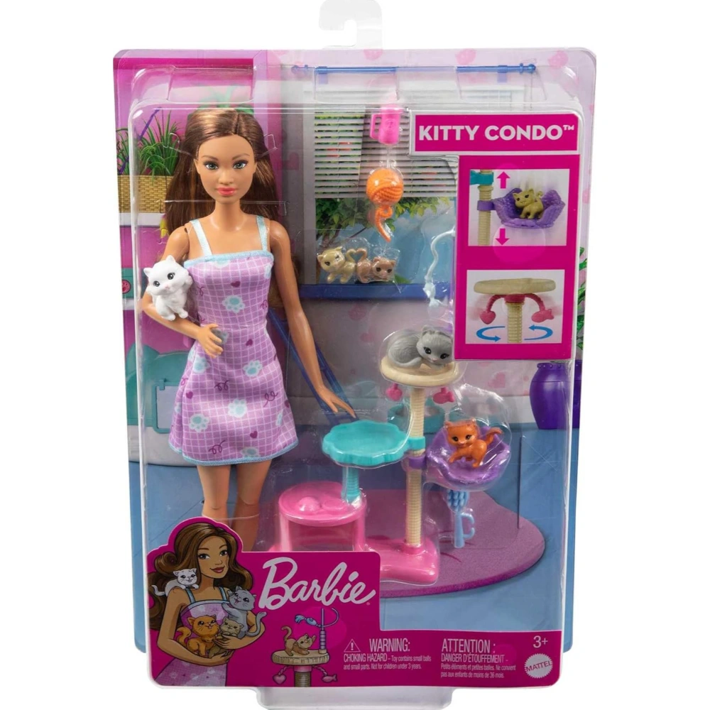 Barbie Kitty Condo Doll and Pets Playset Doll (Brunette), 1 Cat, 4 Kittens, Cat Tree & Accessories, Toy for 3 Year Olds & Up