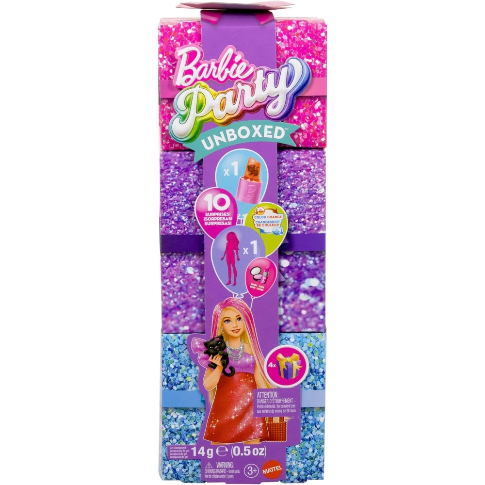 Barbie Party Unboxed Doll & Accessories, Glam Party Series with 10 Surprises Including Color-Change, Red Sparkle Doll