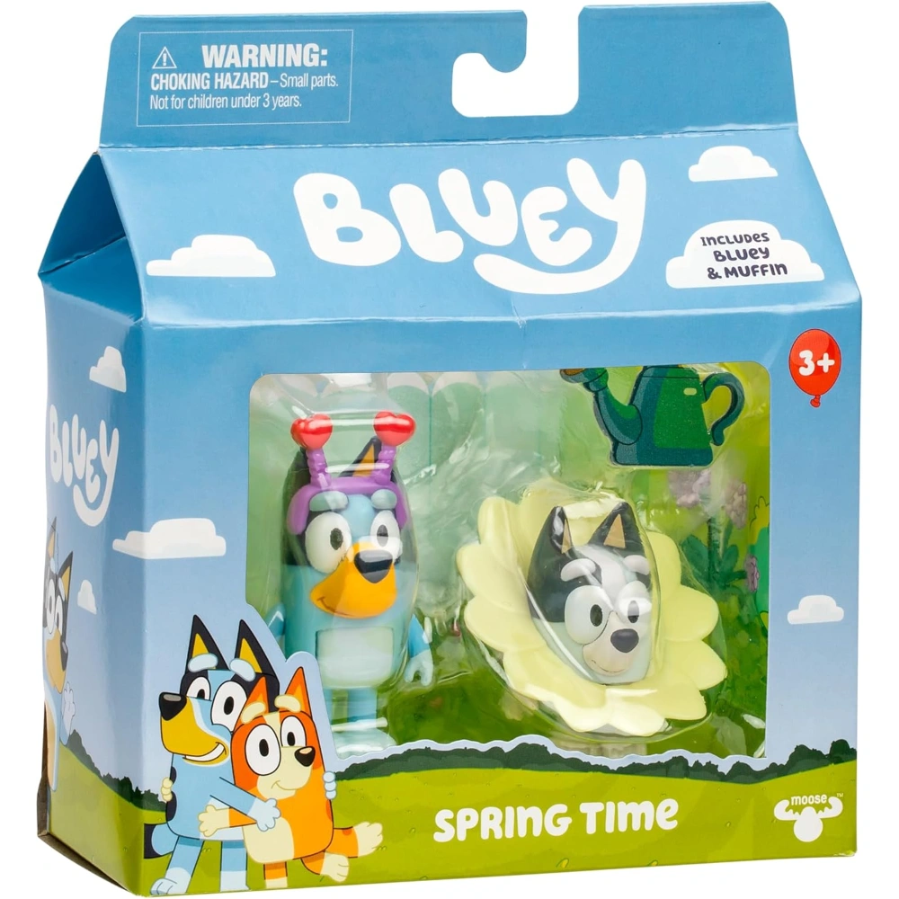 Bluey and Muffin 2-Pack Toy Figure Playset, Spring Time Toddler Figurine Toys Set with Dressup Accessories, Poseable Bluey Figurines for Kids Ages 3-5