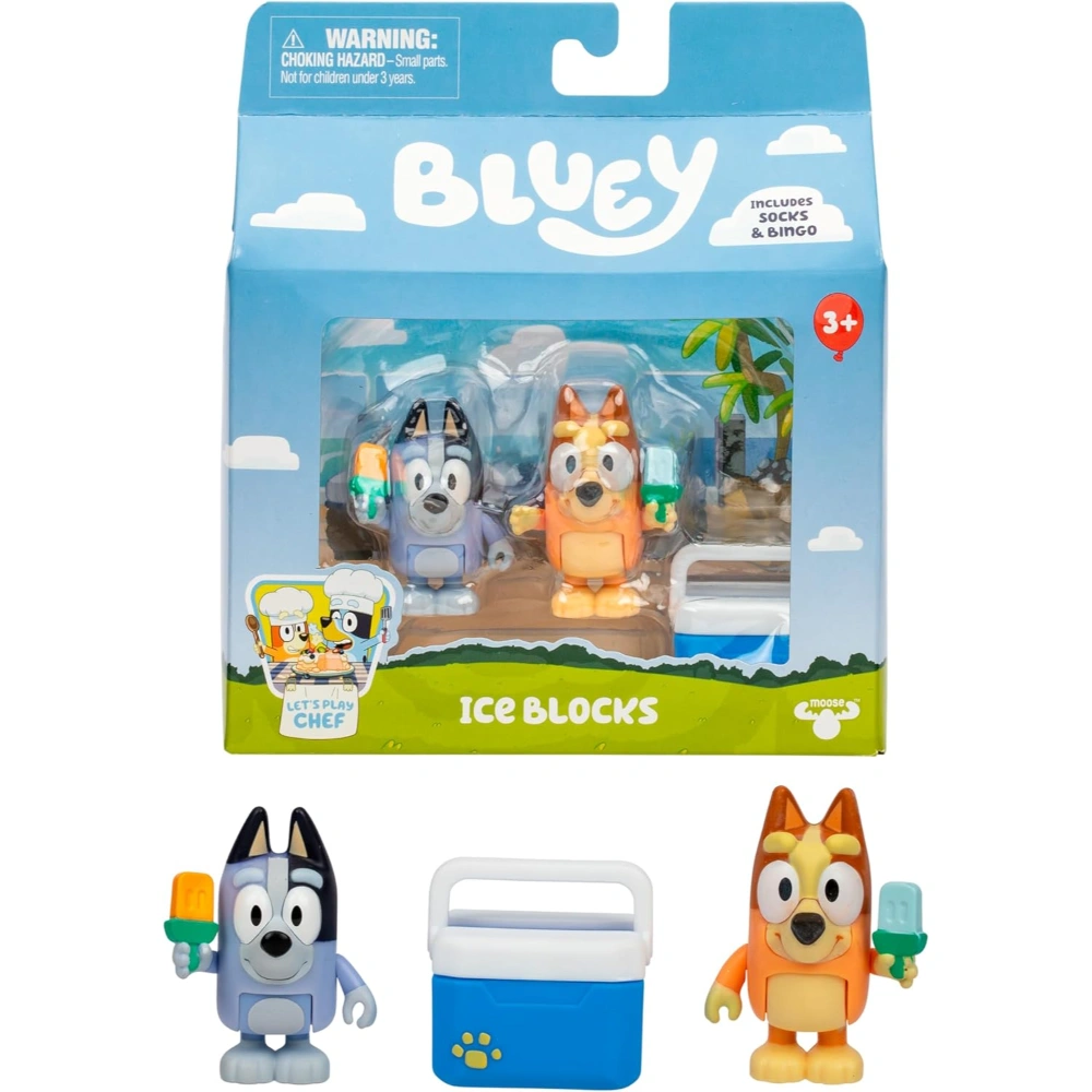 Bluey Let’s Play Chef 2-Pack Toy Figure Playset, Ice Blocks Bingo and Socks Toddler Figurine Toys Set, Poseable Figurines for Kids Ages 3-5