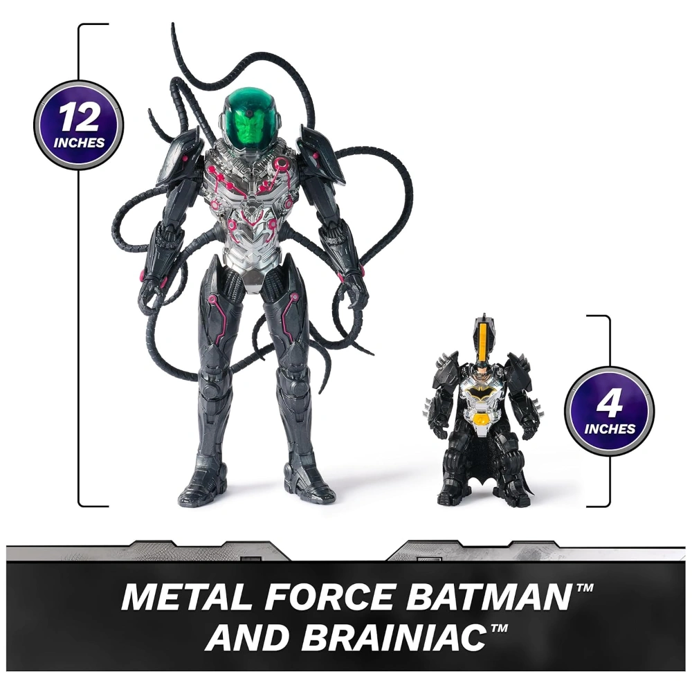 DC Comics, Metal Force Brainiac vs. Batman Action Figure Pack, 12-Inch Extra Large Brainiac, Exclusive 4-inch Batman Figure, Includes Character Card, Kids Toys for Boys and Girls Ages 4+