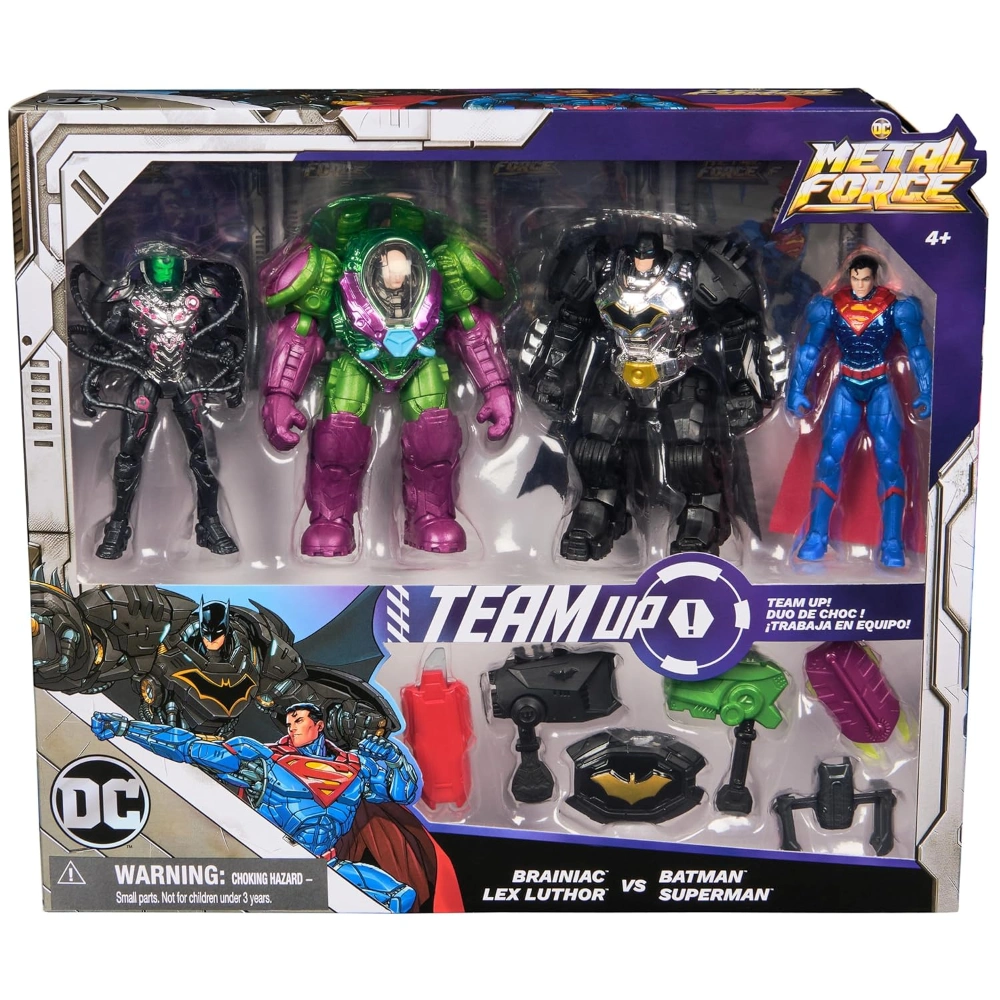 DC Comics, Metal Force Team Up Brainiac and Lex Luthor vs Batman and Superman Set, 4-Inch Action Figures with Exclusive Accessories, Includes Character Cards, Kids Toys of Boys Ages 4 and Up
