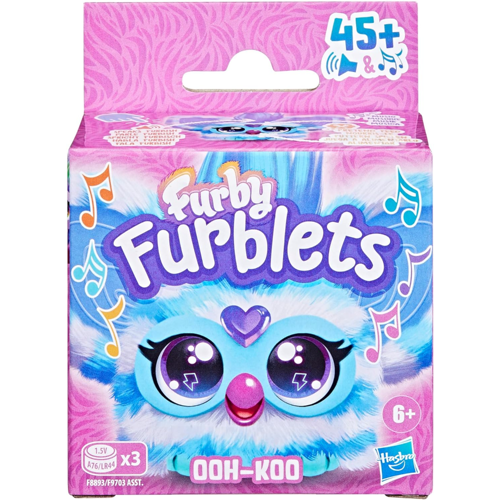 Furby Furblets Ooh-Koo Mini Friend, Rock Music, Speaks Only Furbish, Electronic Plush Toys for Girls & Boys, Interactive Pets, Blue & White, Back to School Gifts, Ages 6+