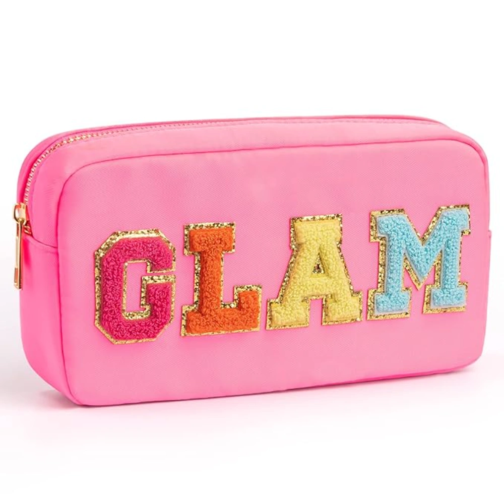 Glitter Chenille Letter Makeup Stuff Bag Glam Pouch, Small Preppy Patch Makeup Cosmetic Travel Zipper Bag for Women Girls