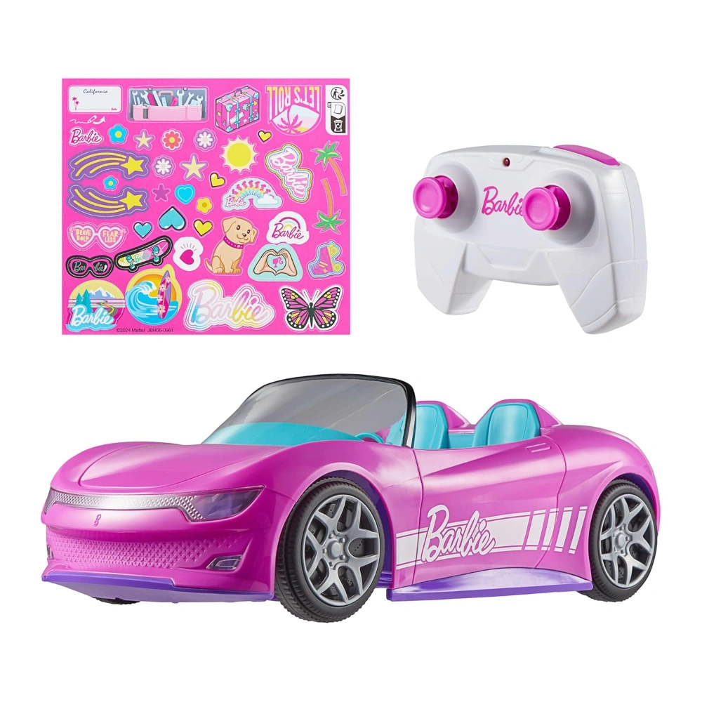 Hot Wheels Barbie Toy Car, Remote Control Pink Convertible, Space for 2 Barbie Dolls and Boot Opens for Storage, Sticker Sheet for Design Options, JBH05
