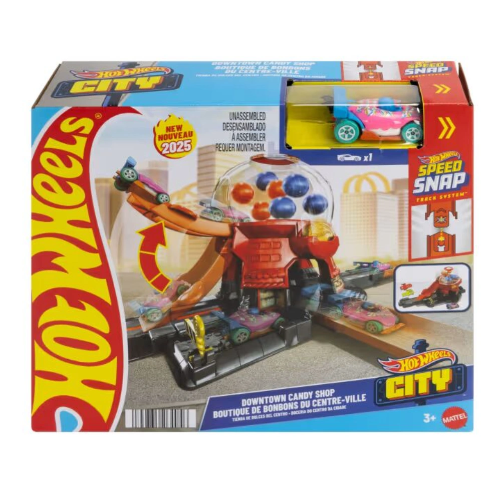 Hot Wheels Downtown Candy Shop Playset & 1: 64 Scale Die-Cast Toy Car, Speed Snap Track