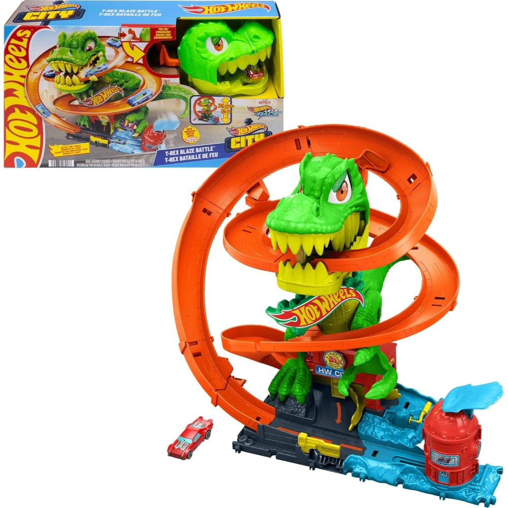 Hot Wheels Toy Car Track Set, City T-Rex Fire Battle Playset and 1 Die-Cast Fire Engine in Scale 1: 64, Over 45 cm, Multiple Race Exits, Moving Dinosaur Eyes