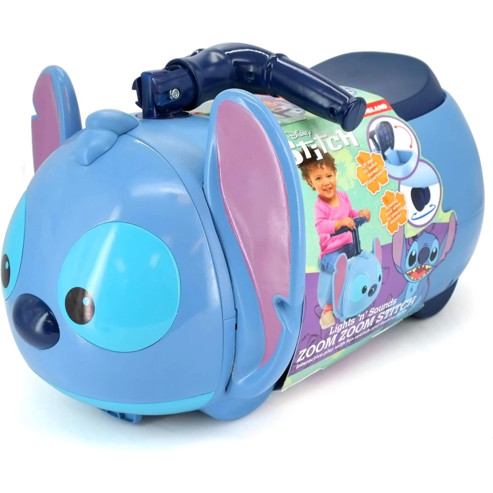 Kiddieland: Zoom Zoom Ride On – Stitch – Lights & Sounds, Disney Foot-to-Floor Vehicle, Interactive Dashboard, Push/Pull Handle, Toddlers 12-36mo