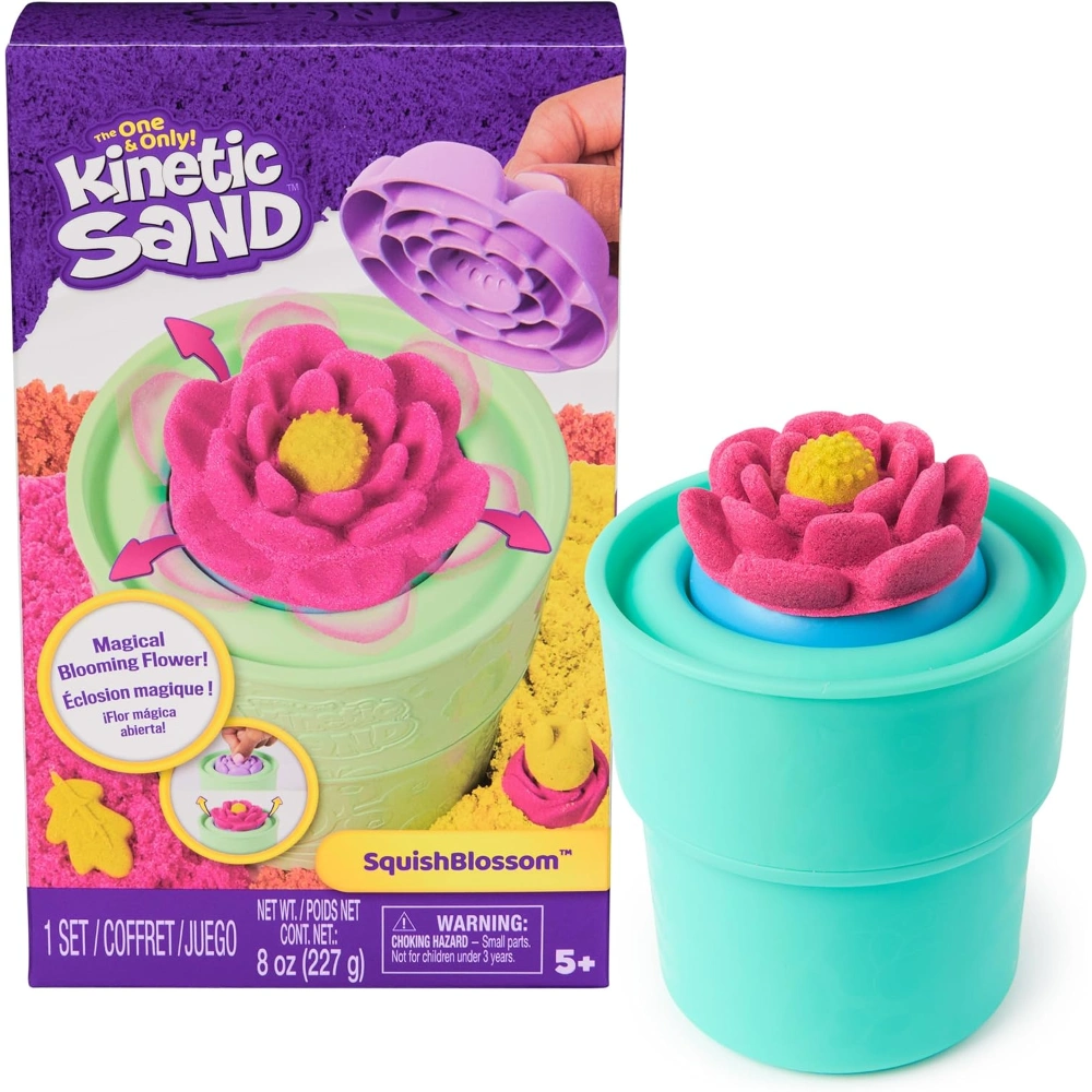 Kinetic Sand, Squish Blossom Blooming Flower with 8oz Neon Yellow & Pink Play Sand, Pot & Molds, Arts and Crafts Sensory Toys, Holiday Gifts & Stocking Stuffers for Kids Ages 3 and up