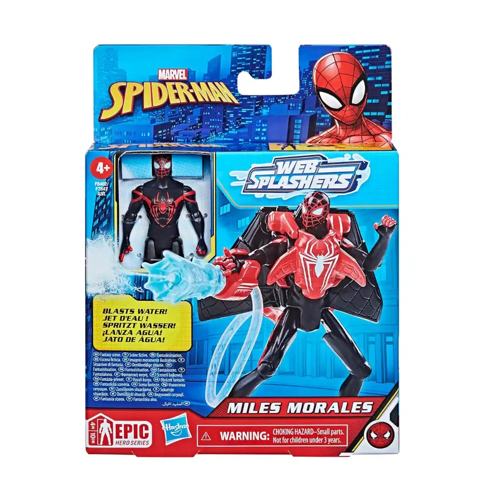 Marvel Spider-Man Aqua Web Warriors 4-Inch Miles Morales Action Figure with Refillable Water Gear Accessory, Action Figures for Boys and Girls 4 and Up