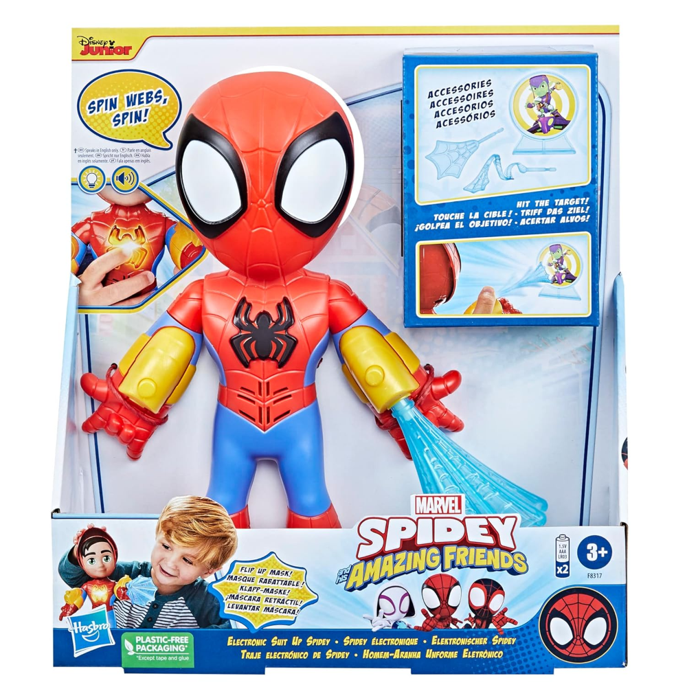 Marvel Spidey and His Amazing Friends Electronic Suit Up Spidey, 10-Inch Action Figure with Lights and Sounds, Preschool Toys for Kids Ages 3 and Up