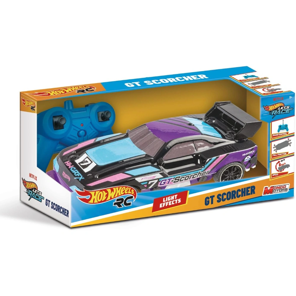 Mondo Motors Hot Wheels GT Scorcher Model 1: 24 Scale Up to 8 km/h Speed Toy Car for Kids 63822 with LED Lights in the Body Purple/Light Blue
