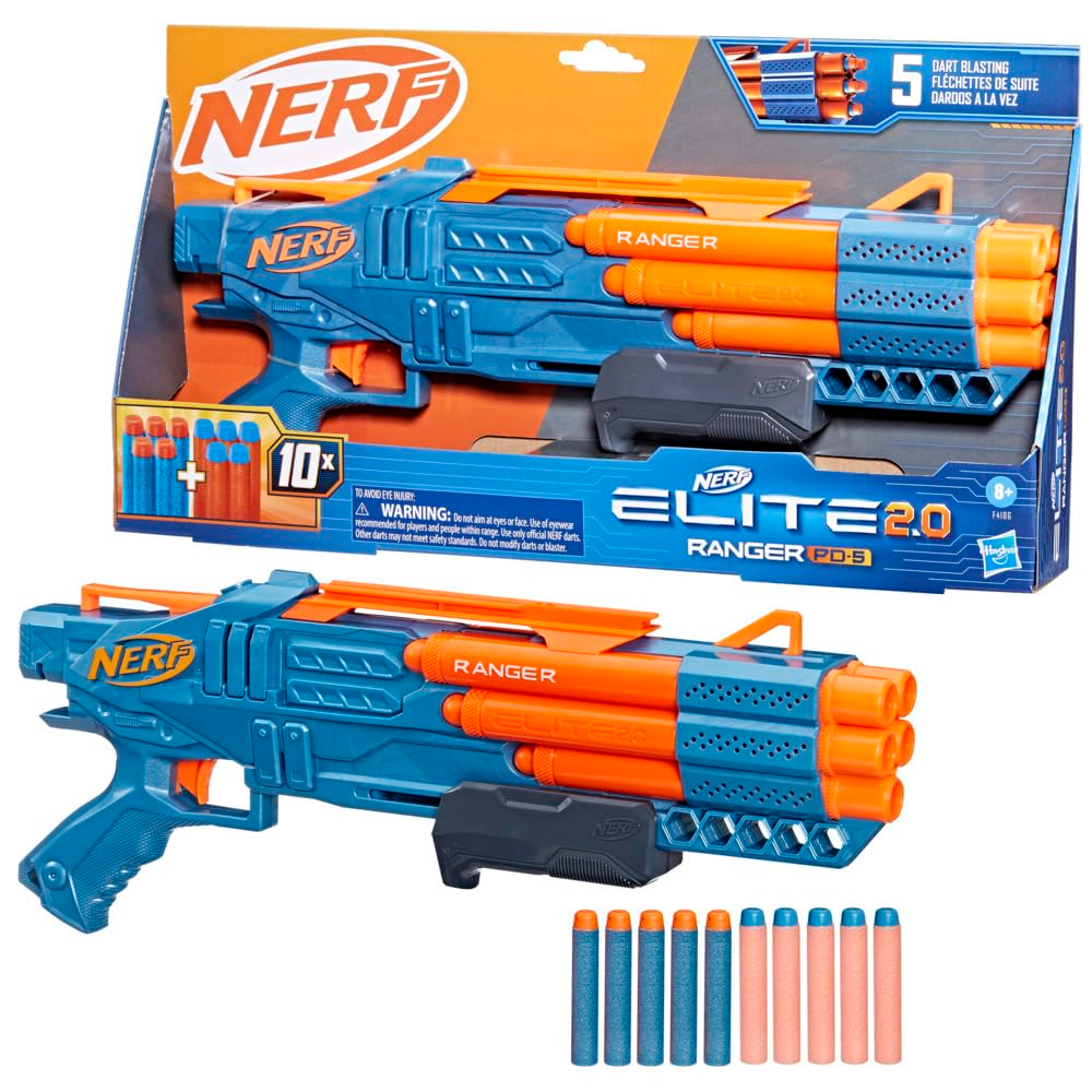 Nerf Elite 2. 0 Ranger PD-5 Blaster, 10 Nerf Elite Darts, 5 Barrel Blasting, Pump Action, Foam Dart Blaster for Kids Outdoor Games