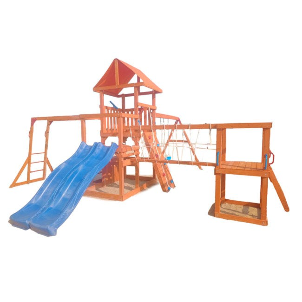 DOLPHIN PLAYGROUND BRIDGEPORT SWING SET WITH CLIMBING WALL WOODEN GYMSET(L 8M x W 8M x H 3M)