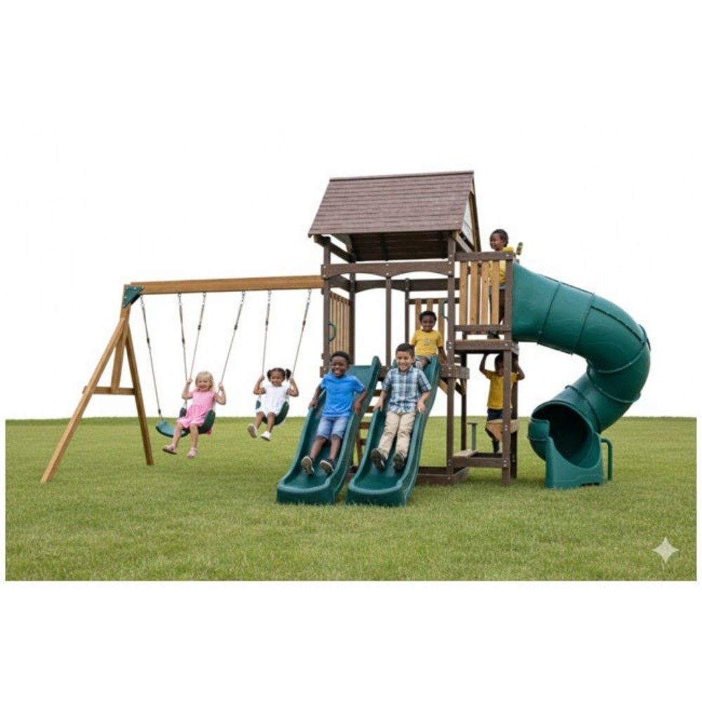 DOLPHIN PLAYGROUND LAKEWOOD WOODEN GYMSET(L 6. 35M x W 3. 6M x H 310 cm)