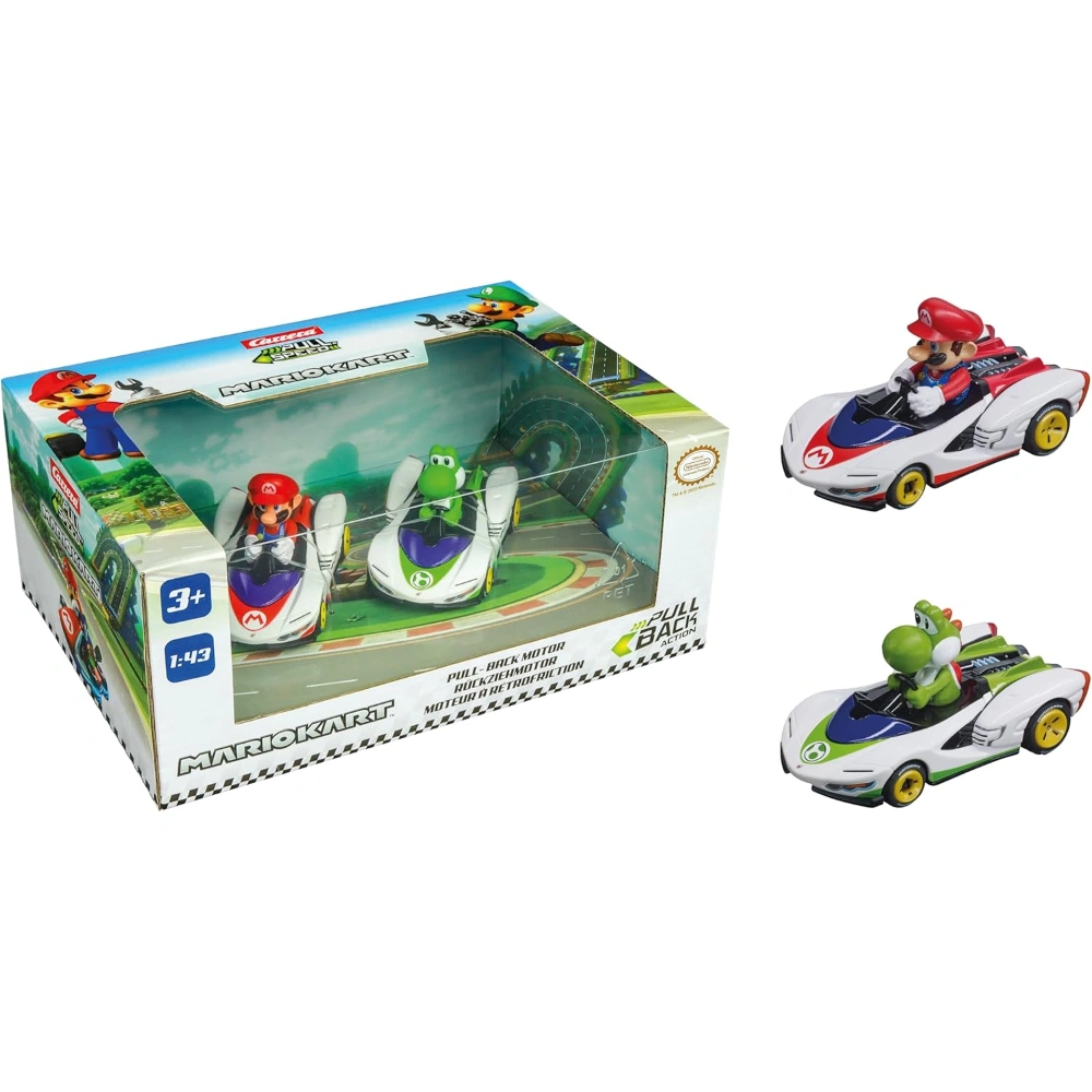 Pull & SPEED I Carrera | Mario Kart – P-Wing Twin Pack I Wind-Up Car Racing Car I Pull and Speed Car with Pull-Back Motor I For Boys and Girls from 6 Years & Adults I Racing Track