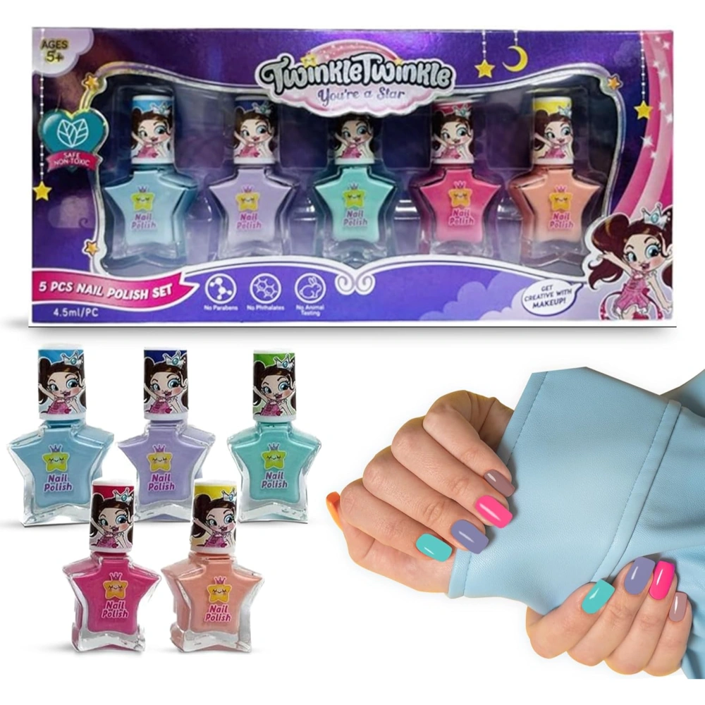 Twinkle Twinkle 5 Pcs Nail Polish Set, Non-Toxic Peel-Off Water-Based Safe Quick Dry Nail Polish Kit, Birthday Gift Nail Paint Set for Girls/Kids Ages 5+