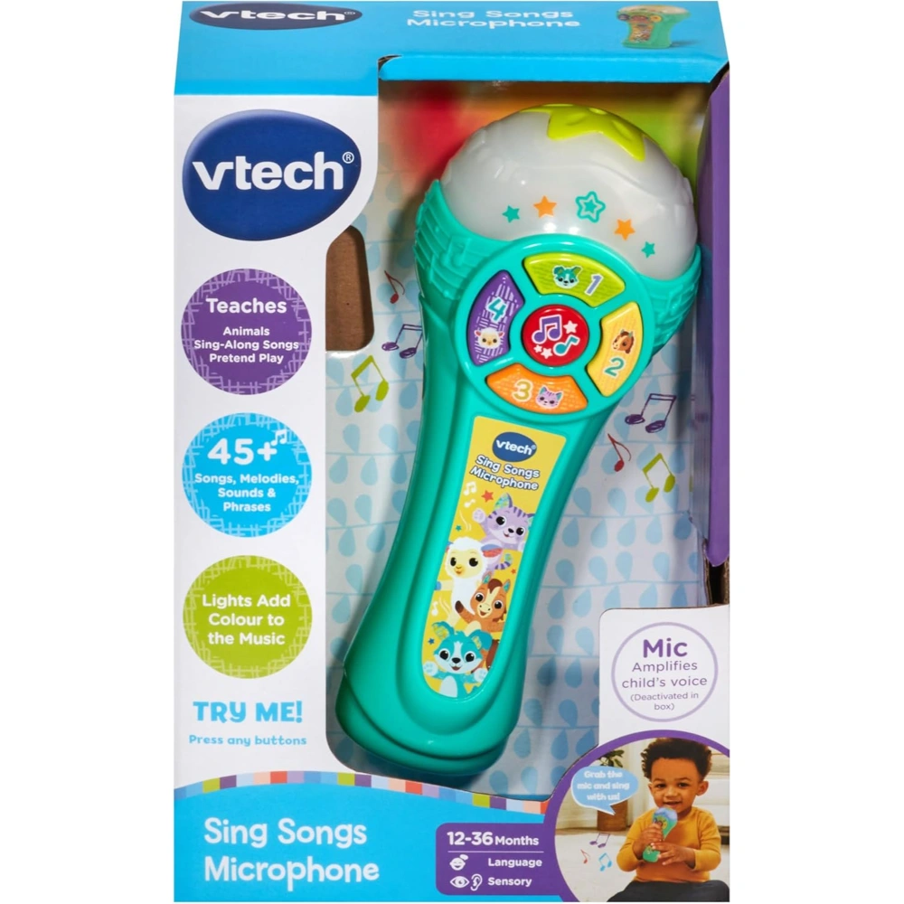 VTech Baby Sing Songs Microphone, Interactive Microphone Toy with 4 Buttons for Animals, Sounds & Numbers, Flashing Lights & Music
