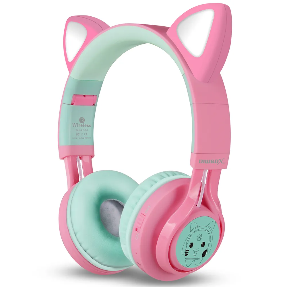Riwbox Cat Ear Bluetooth Headphones – Pink/Green