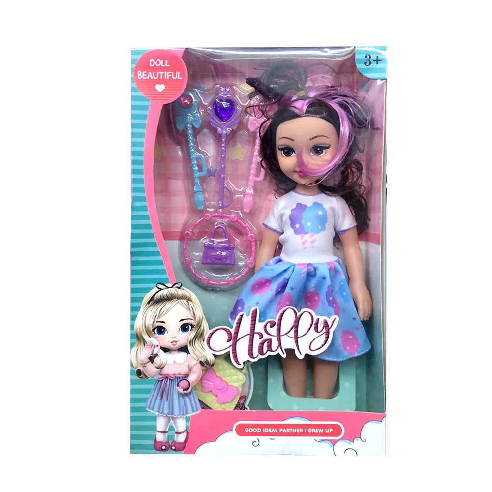 دمية ذات شعر اسود مع اكسسوارات