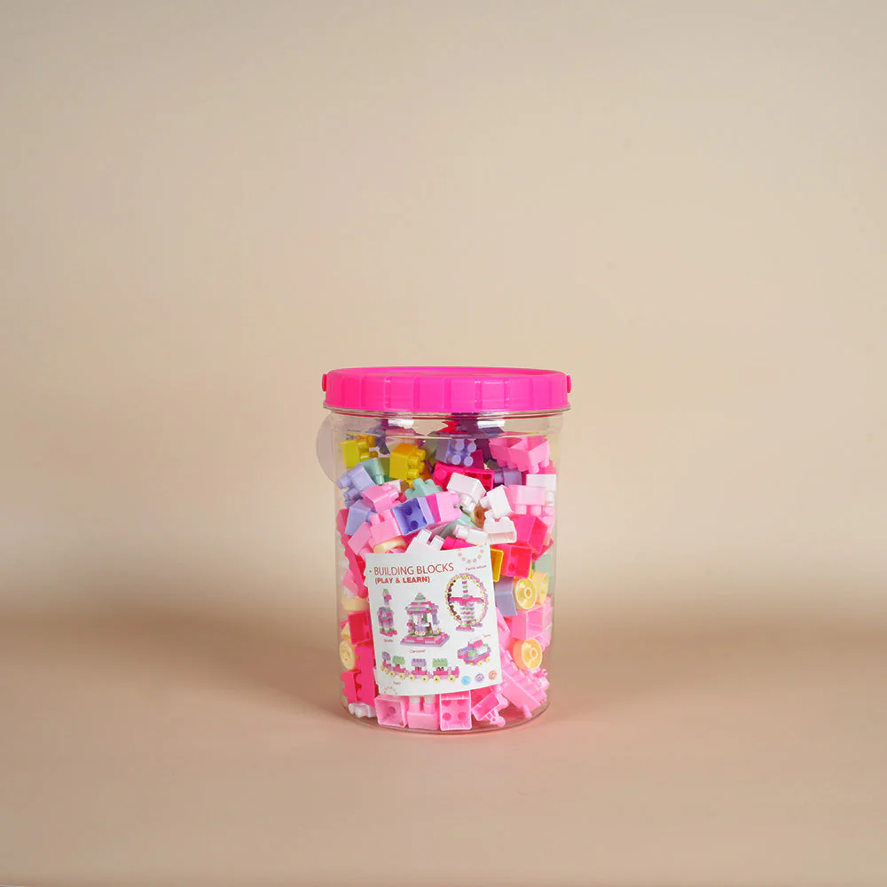 مجموعة مكعبات بناء تعليمية كبيرة في دلو باللون الوردي، 230 قطعة.
