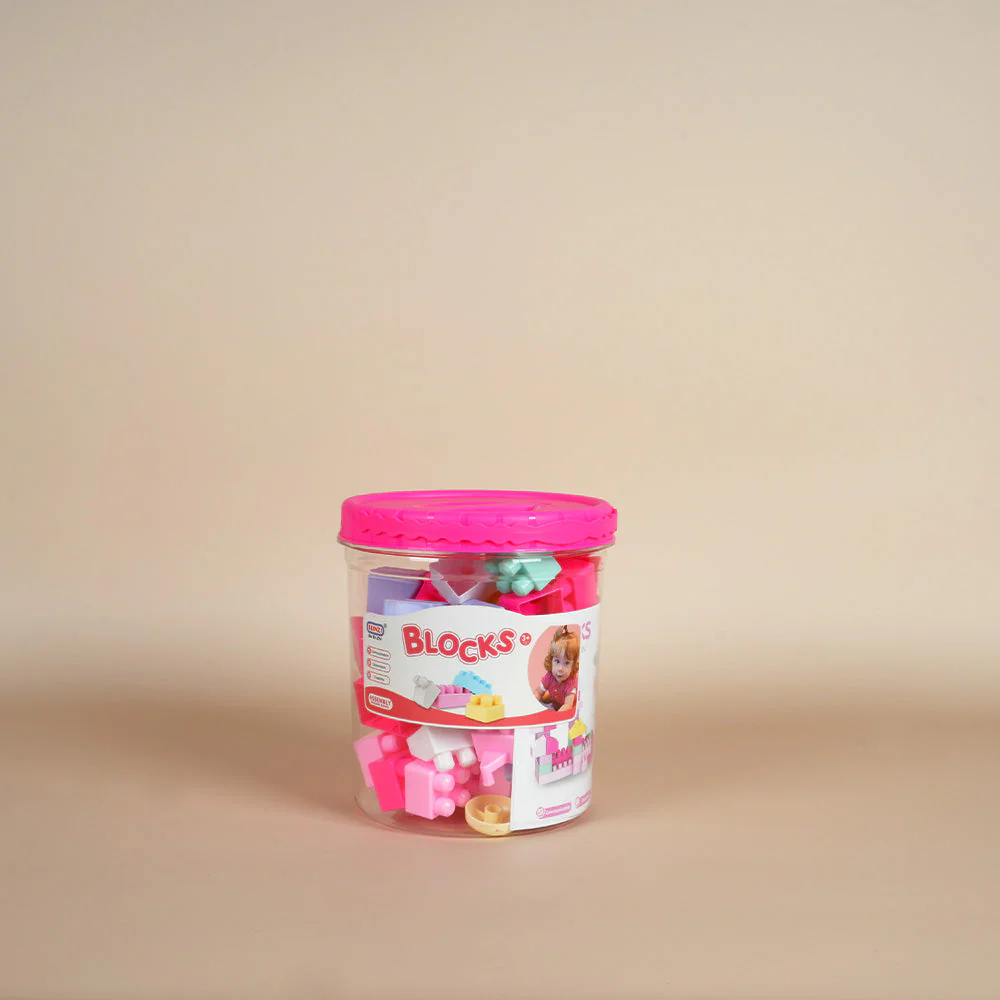 مجموعة مكعبات بناء تعليمية كبيرة في دلو باللون الوردي، 55 قطعة.
