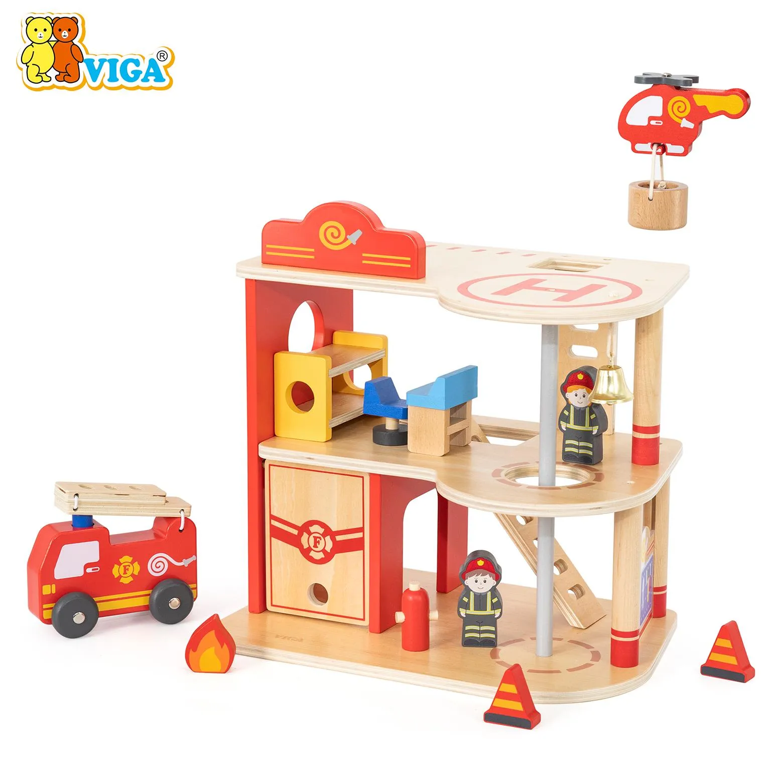 VIGA Wooden Fire Station Playset – 2-Story Rescue Center