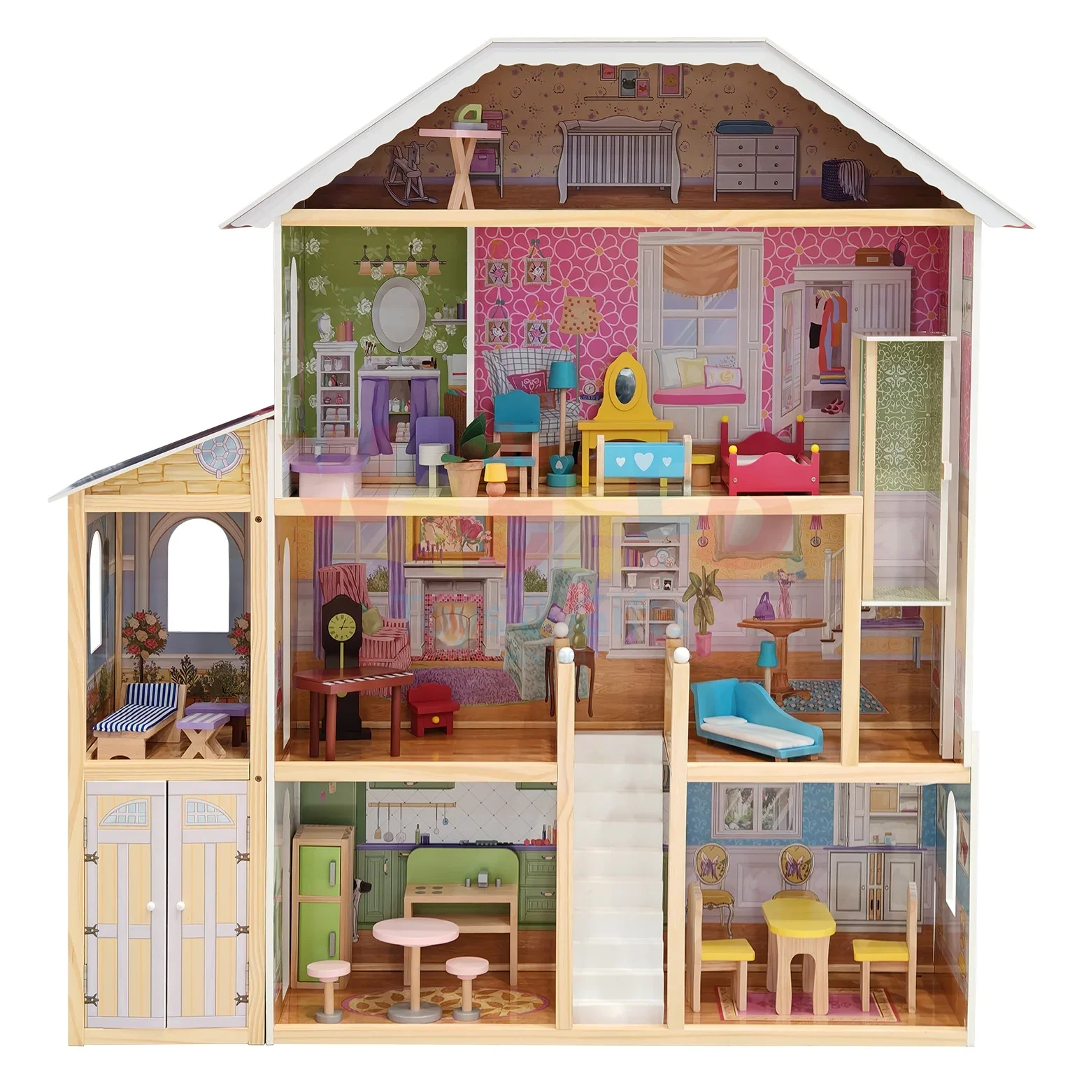 Wooden Dollhouse with 3 Floors and Furniture